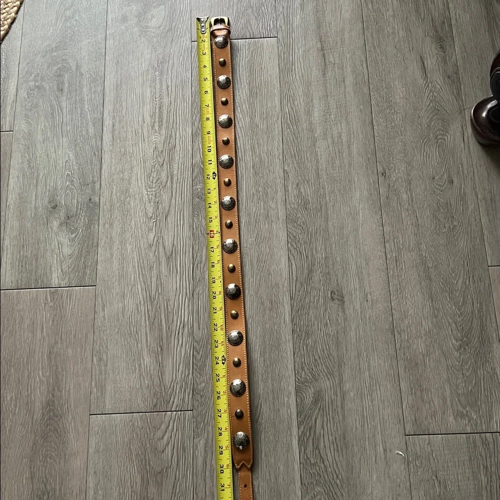 VTG Mustard Yellow Leather Coin Belt Brass Silver Metal Medallions Western Boho